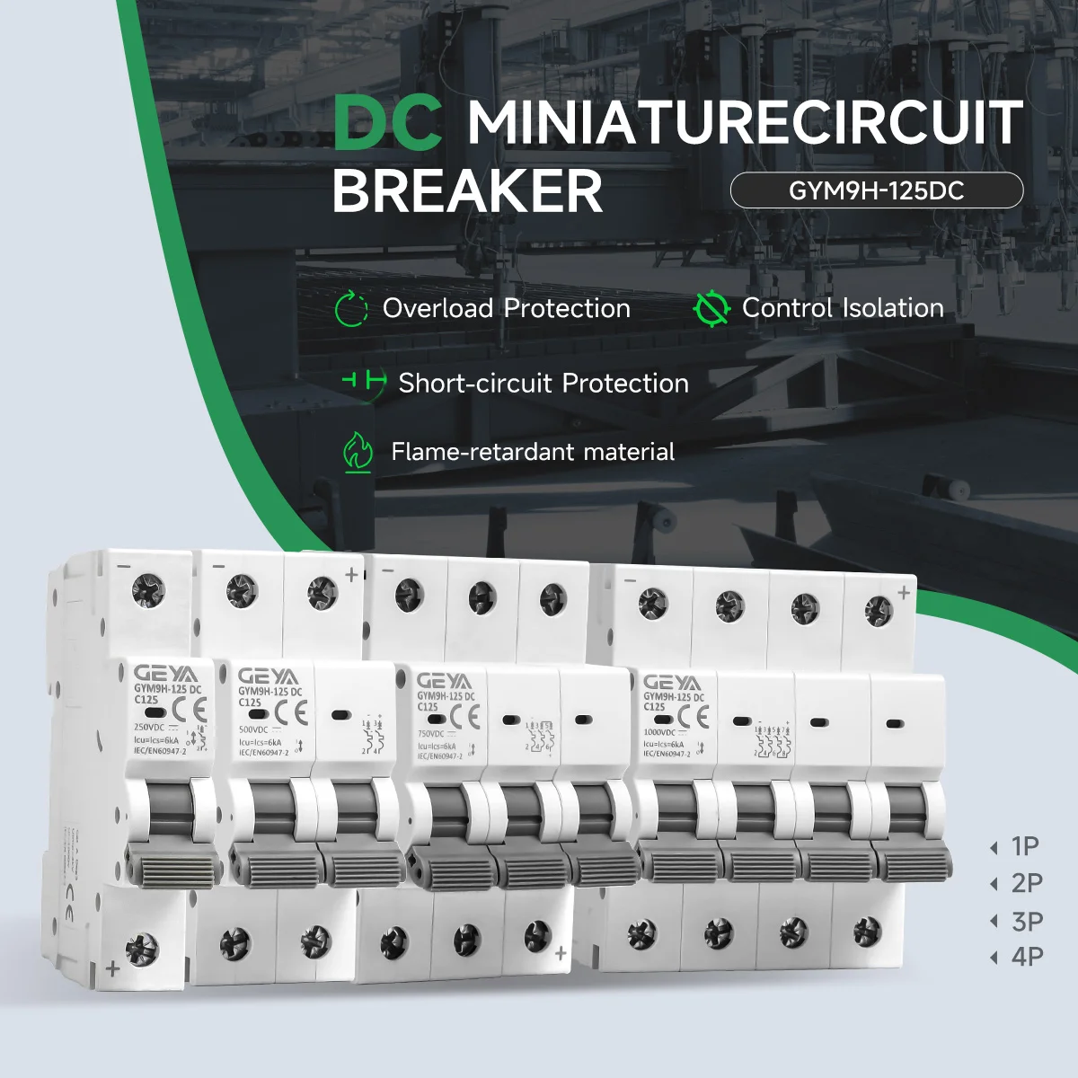 

GEYA 1P 2P DC Solar Mini Circuit Breaker DC MCB Switch 80A 100A 125A Overload Protection for Photovoltaic PV System