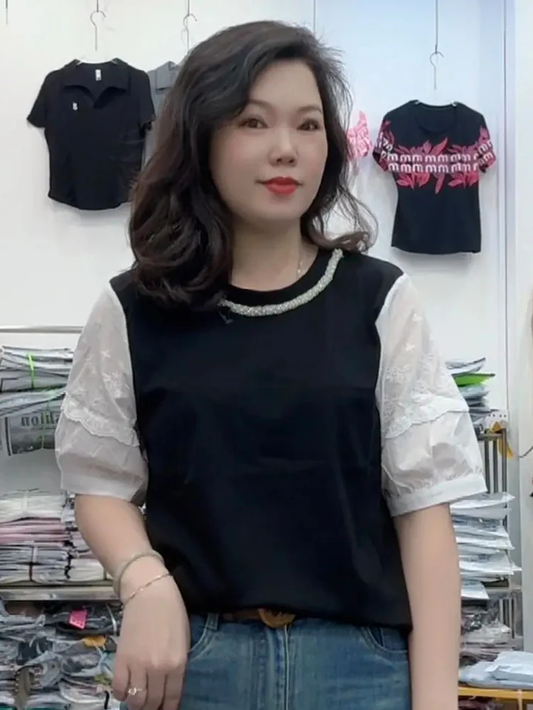 Puur Katoen ort Sve T-shirt vrouwen Zomer Nieuwe Losse Grote Maat Kant Splicing Koreaanse Sle ronde Ne Streep Patroon top