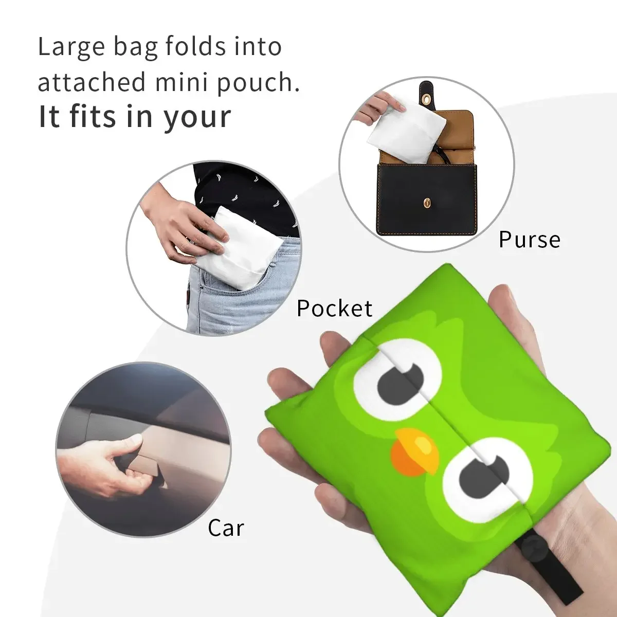 Bolsas de compras reutilizables Duolingo Face, plegables, 50LB, capacidad de peso, bolsa ecológica de dibujos animados, ecológica y duradera