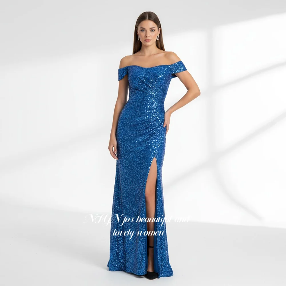 

NFYN Royal Blue Prom Dress Beading Party Dress High Slit Evening Dress Luxury Celebrity Dress حزب فساتين Customiz