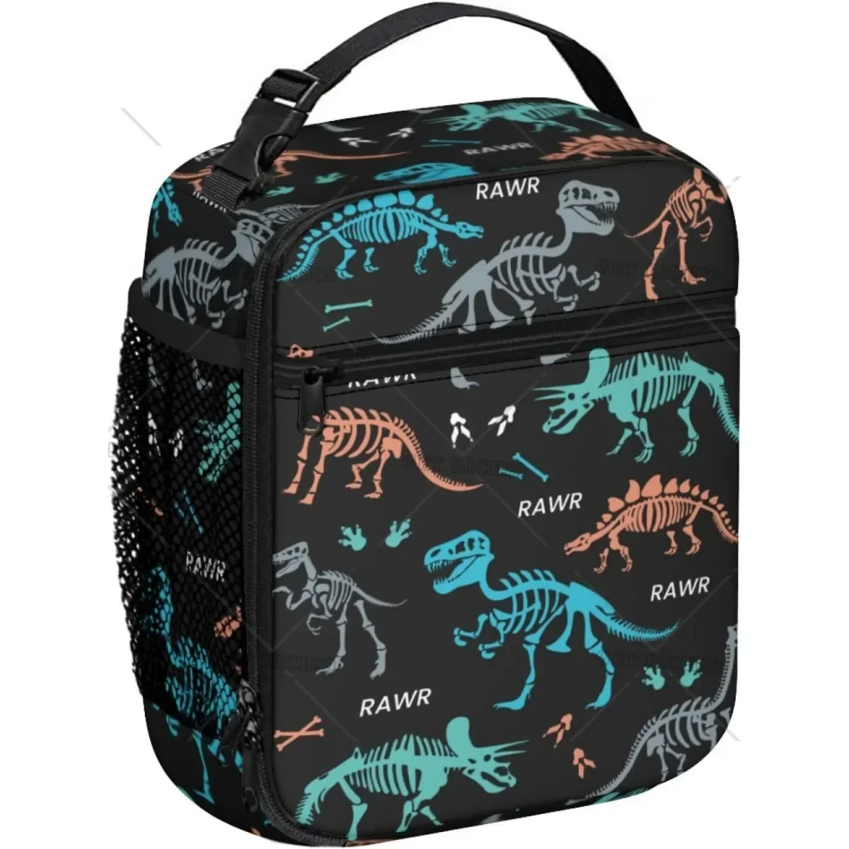 Colorful Dinosaurs Skeleton Insulated Lunch Bag Reusable Black Lunch Box Cooler Tote Lunchbag for Kids Teens Adult Work Picnic