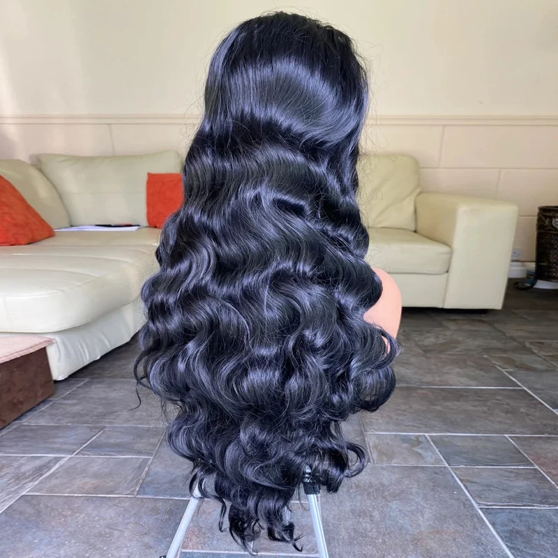 Mais alta qualidade material sintético calor protegido peruca dianteira do laço 32 "longo preto onda do corpo glamourosa peruca dianteira do laço para mulher