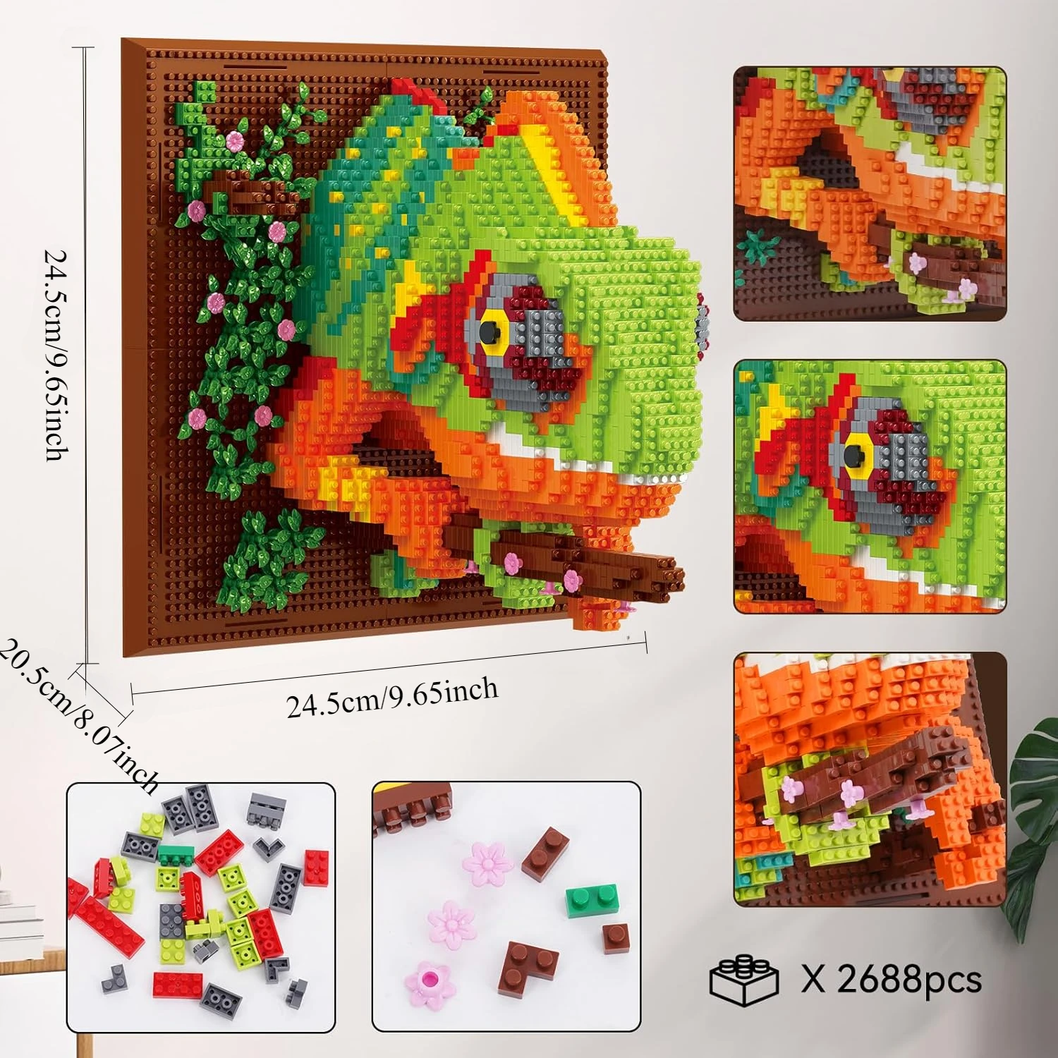 성인을위한 3D 벽 예술 카멜레온 빌딩 블록 세트, 마이크로 미니 벽돌 동물 빌딩 세트 독특한 홈 테이블 디스플레이 벽 장식