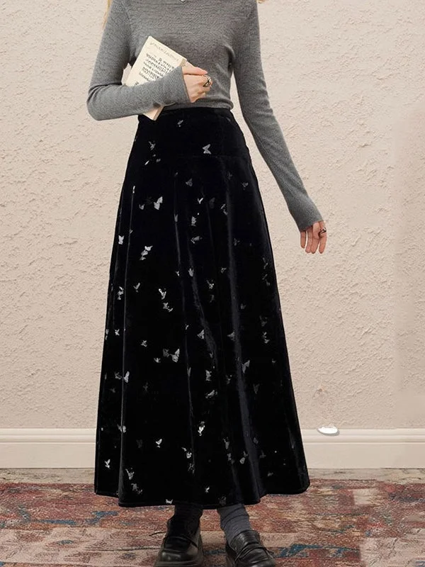 

ZhuoZhi Hepburn Sle Bla Print Velvet Skirt High Waist Slimming Long Skirt Casual Wear for Women