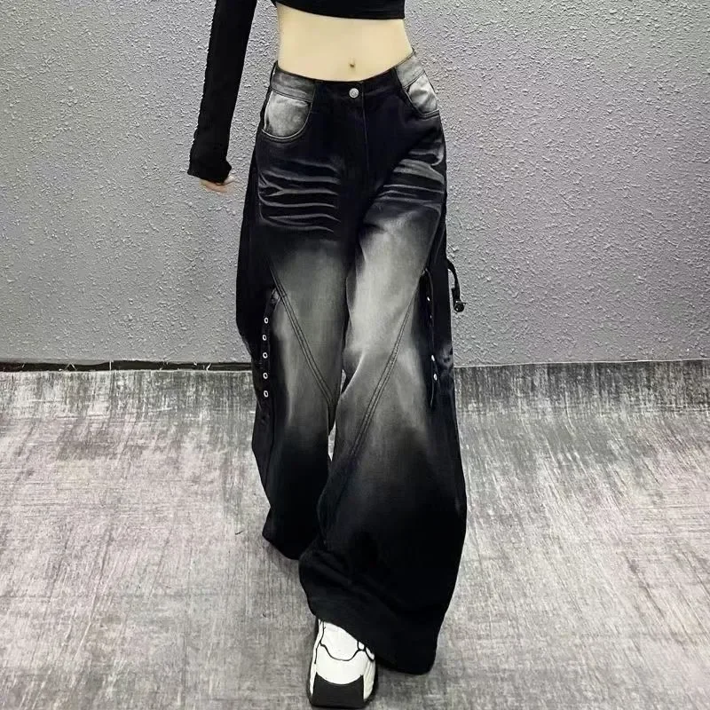 Autumn Winter Side Button Decor Jeans High Waist Female Clothing Wide Leg Denim Pants Gradient Washed Chic Distressed Trousers
