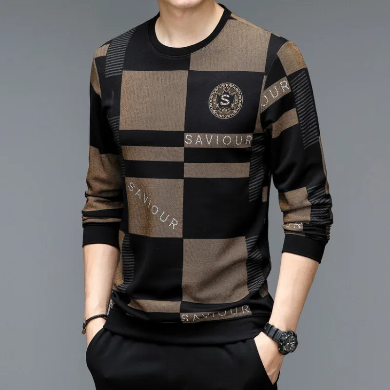 

New Long-Sleeved T-shirt Middle-Aged Men's Fashion Casual round Neck Printed Spring and Autumn Sweater Bottoming Shirt Thin