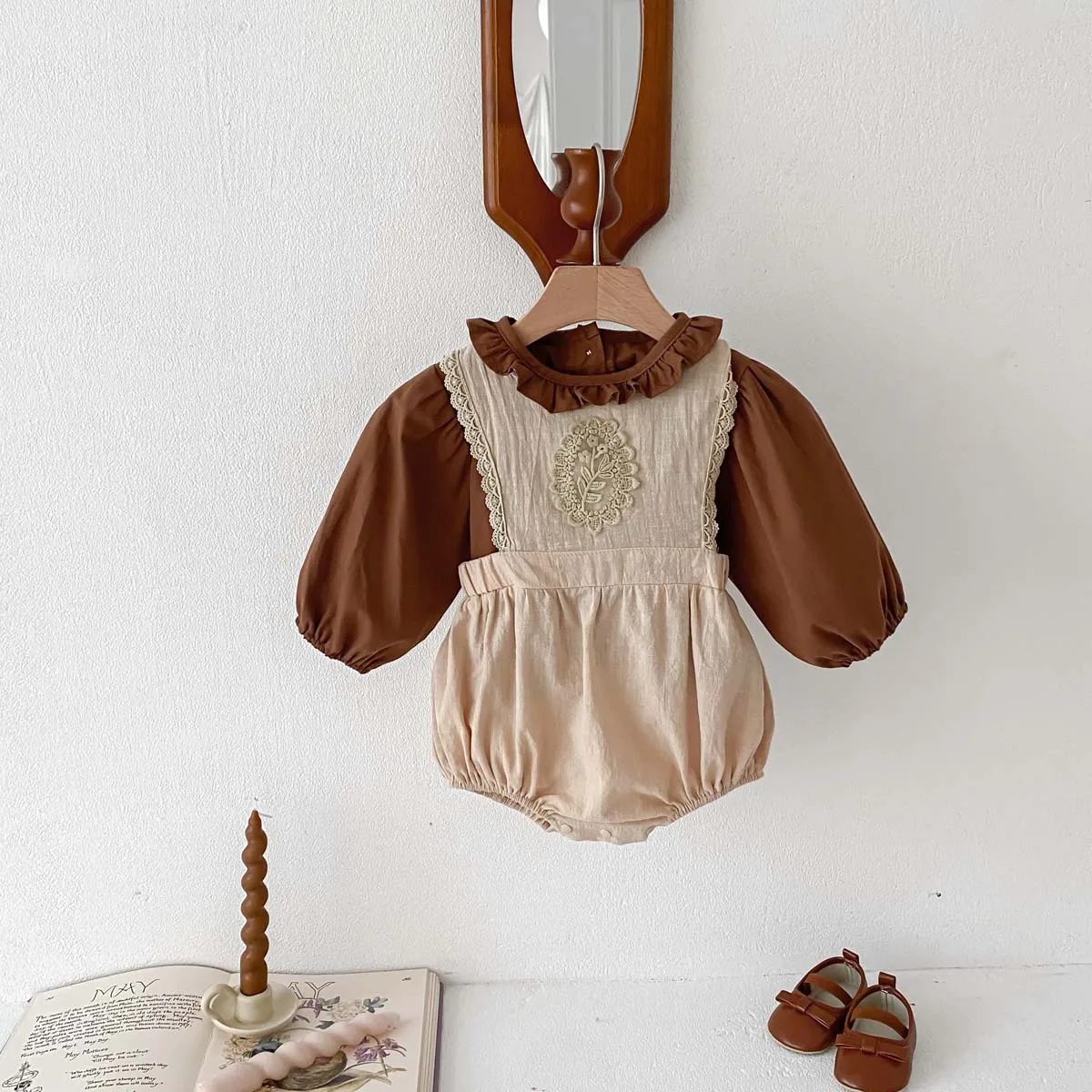 Baby Girl Suit French Ruffle Edge Shirt+ Embroidered Lace Overall Romper Baby Clothes 0-24Months