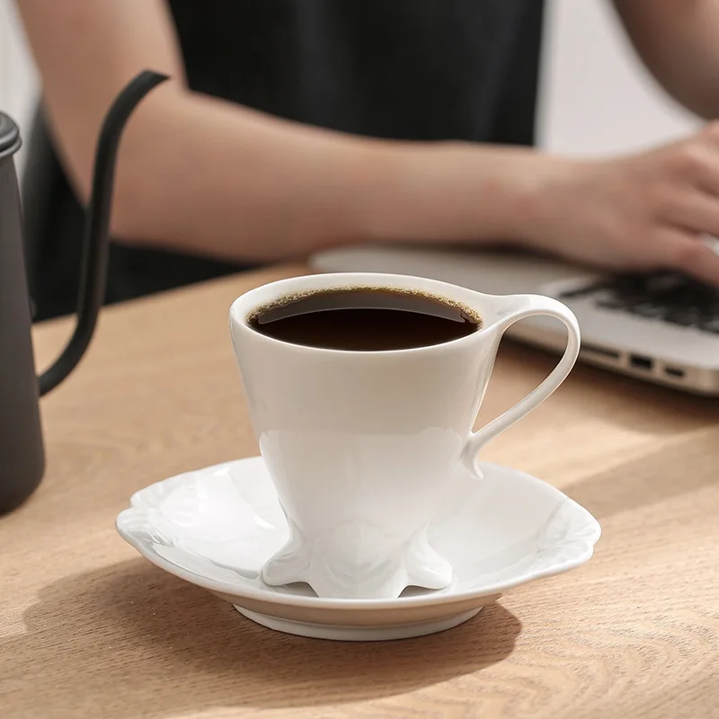 Coffee Cup Dish Set Pure White Creative Mug And Plate Set Coffee Flower Cup Ceramic Cup High Beauty Home Water Cup