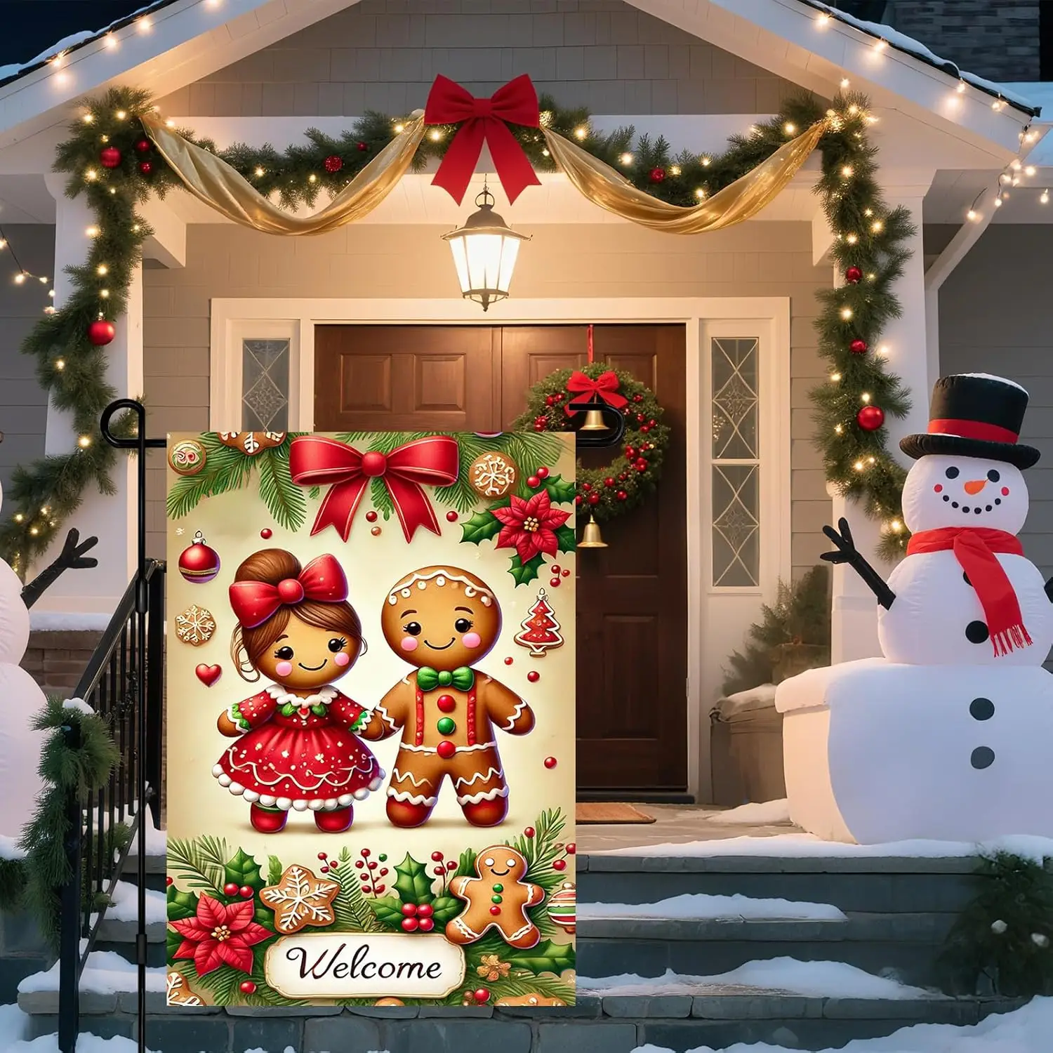 IVN Christmas Winter Garden Flag Gingerbread Couple 12x18 Inch Double Sided Holly Berries Decorative Yard Outdoor Seasonal R hhz