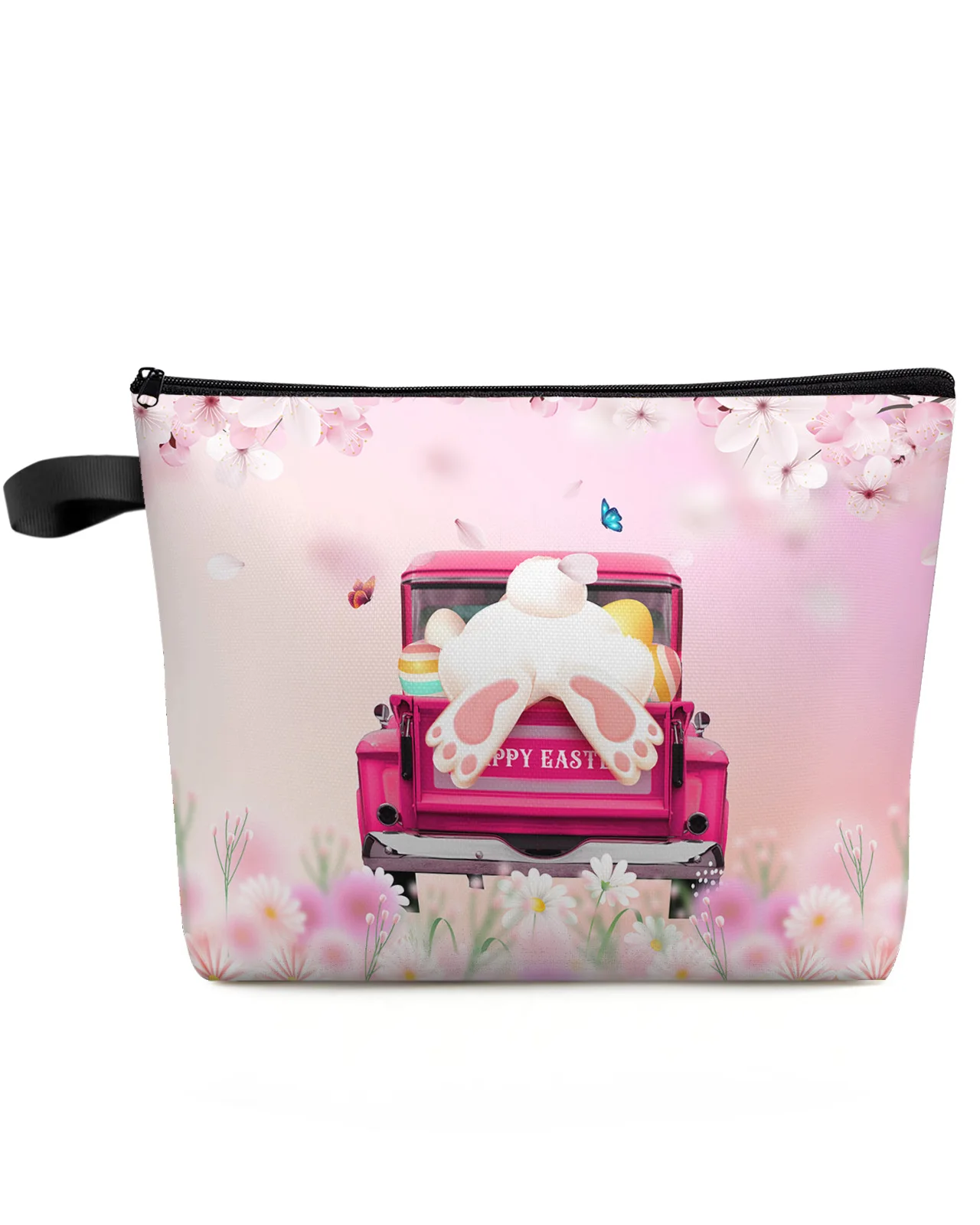 Easter Truck Bunny Cherry Blossom Butterfly Custom Cosmetic Bag Portable Makeup Storage Pouch Women Waterproof Pencil Case