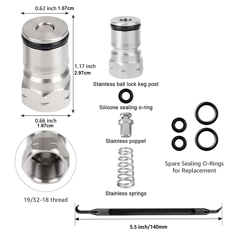  Cornelius Type Ball Lock Keg Posts,Stainless Steel Poppets and Springs,19/32-18 Thread (Post & Poppet)