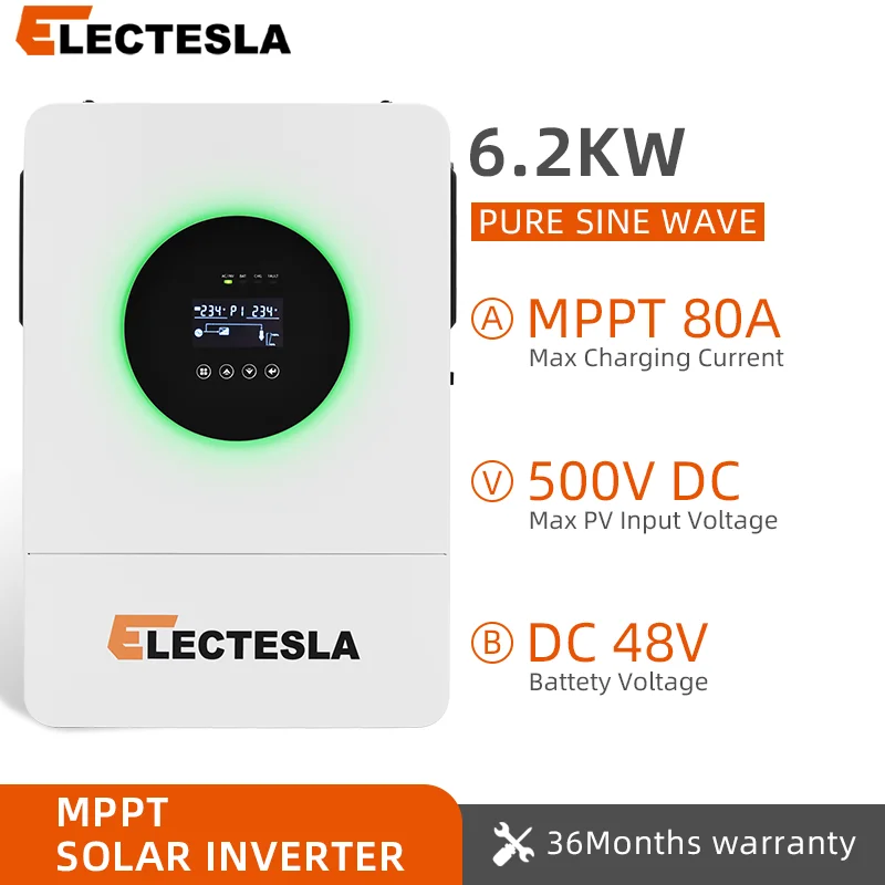 MPPT6.2KW Hybrid Solar Inverter Pure Sine Wave Inverter 48V Solar Charger Controller 80A Support BMS 220V Output