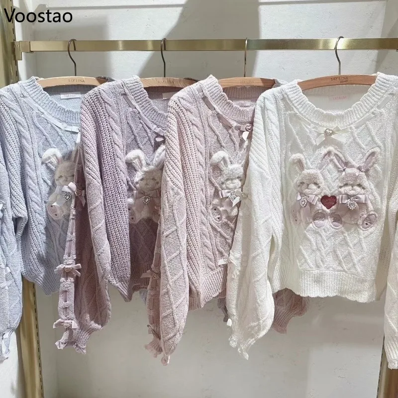 Vintage Sweet Lolita Style Knitted Pullover Girls Cute Plush Cartoon Bunny Embroidery Bow Sweater Women Harajuku Knitwear Tops