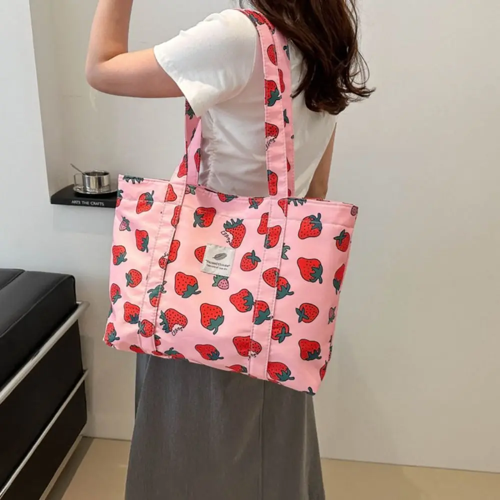 Casual Strawberry Cherry Tote Bag Printing Korean Style Large Capacity Shopping Bag Aesthetic Underarm Bag Nylon Handbag Travel