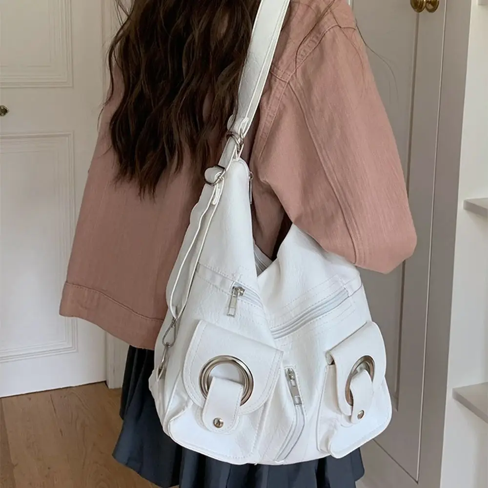 

Simple Y2K Retro Shoulder Bag Soft Leather Large Capacity MotorcycleBag Fashion Korean Locomotive Pack Streetwear