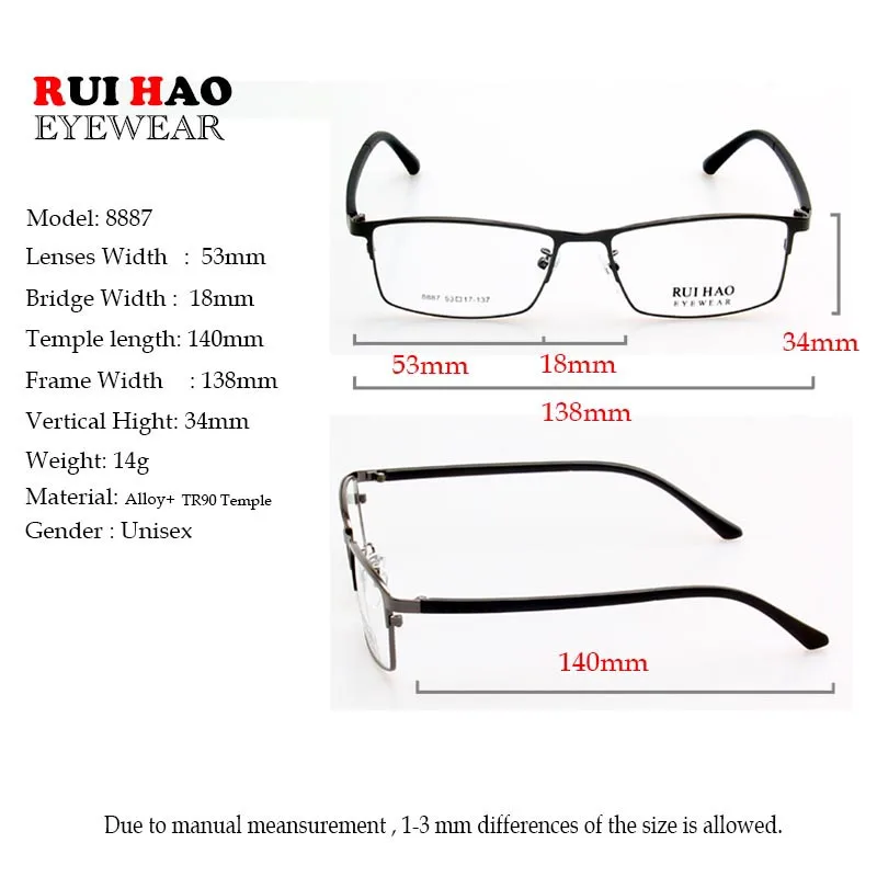 Montura de gafas sin montura para hombre, lentes rectangulares de diseño Retro de acero inoxidable, Unisex, 8887