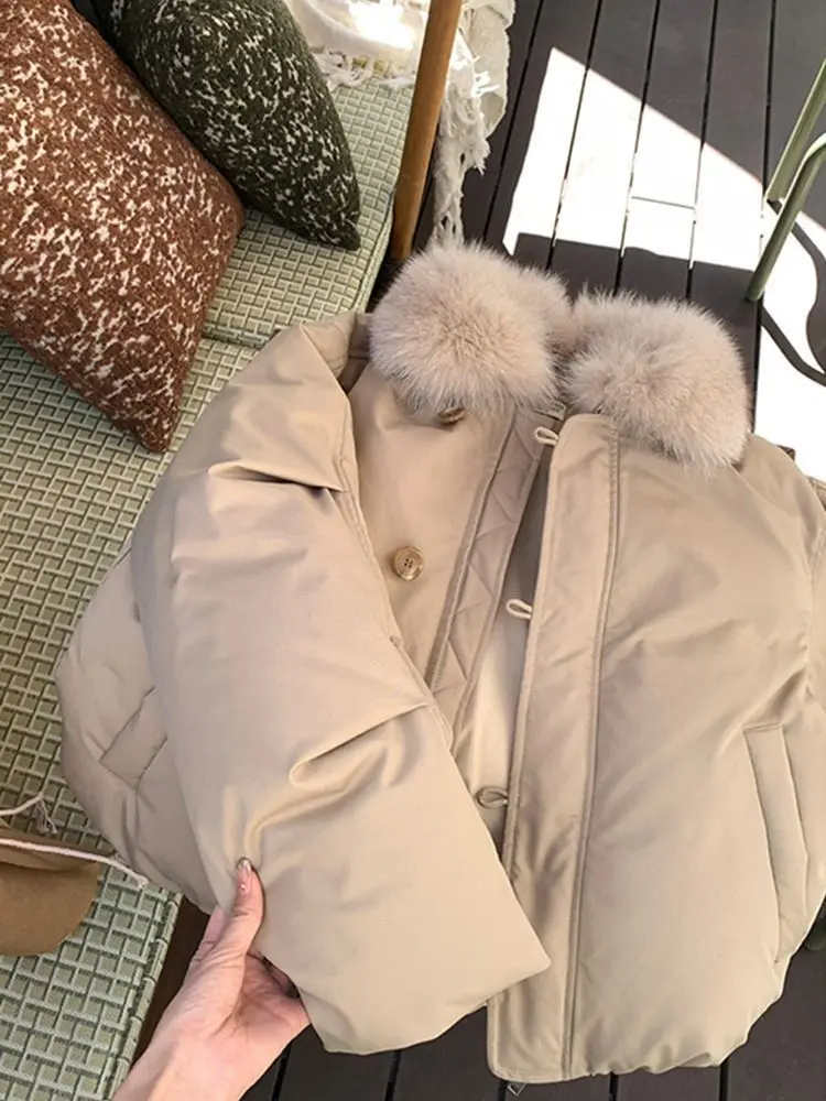 

Vintage Commuting Patchwork Warm Fur Collar Cotton Jacket 2025 Winter New Versatile Elegant Puffer Jacket