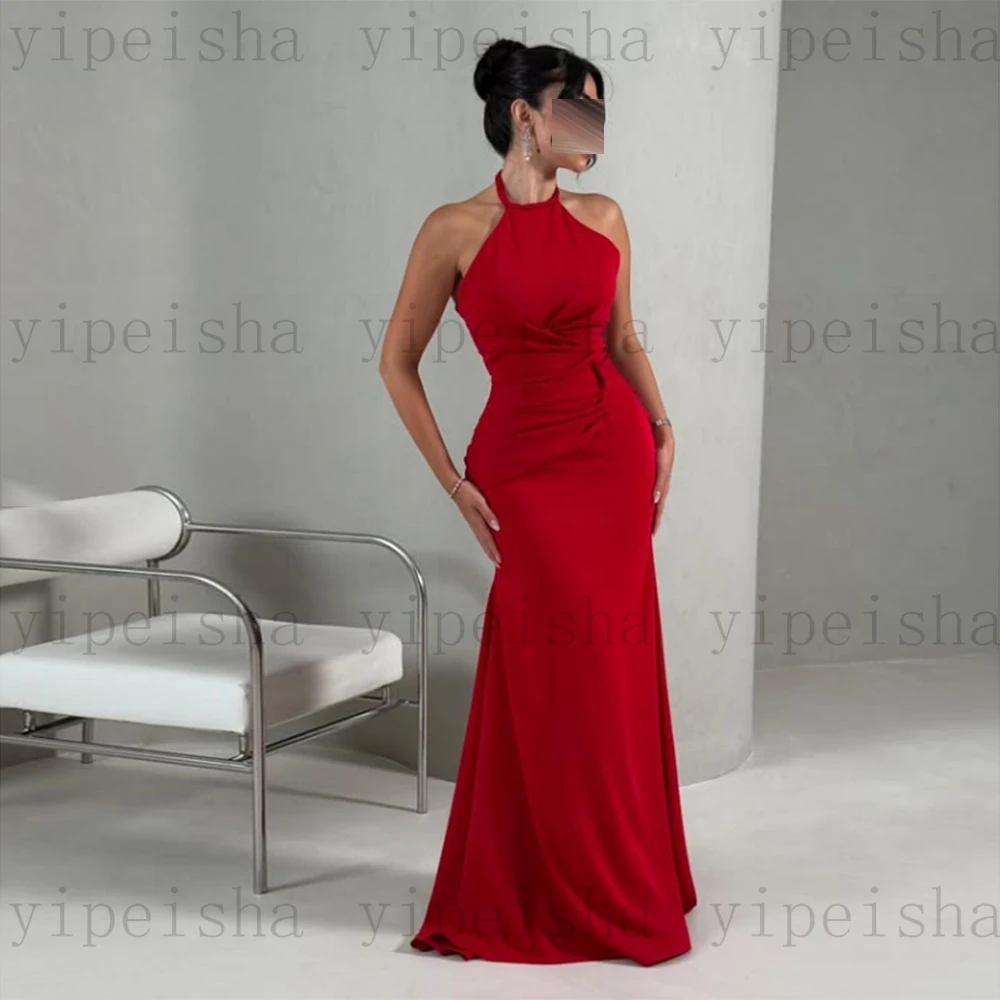 Personalizado halter pescoço vestidos de noite simples até o chão plissado sereia vestido de baile com jaqueta de manga cheia mdoern vestido longo