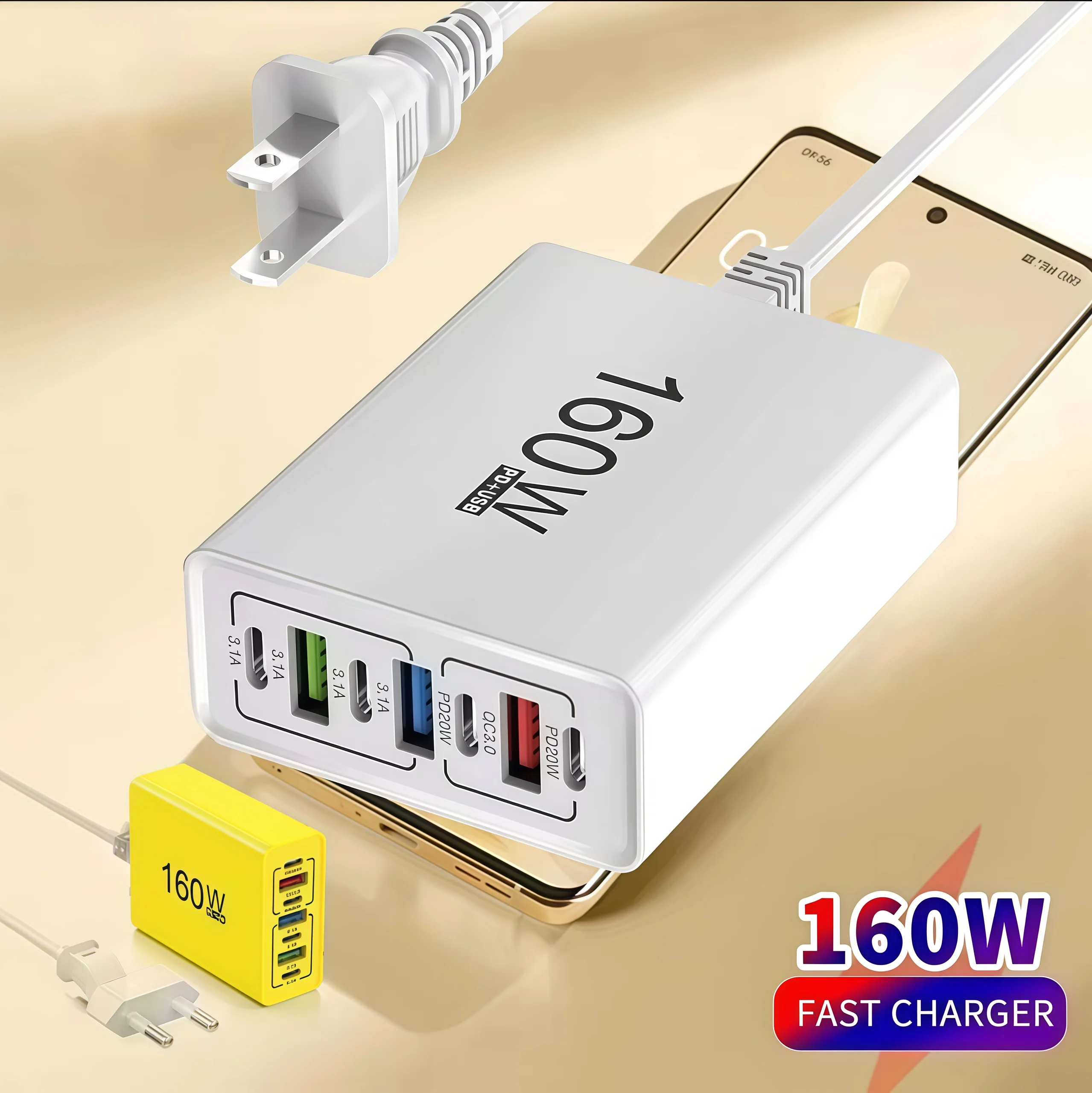 7 in 1 160W Charging Station USB Charger Power Strip PD/Type-C Ports Charger Adapter For Xiaomi 17 15 iPhone Samsung USB-C EU/US
