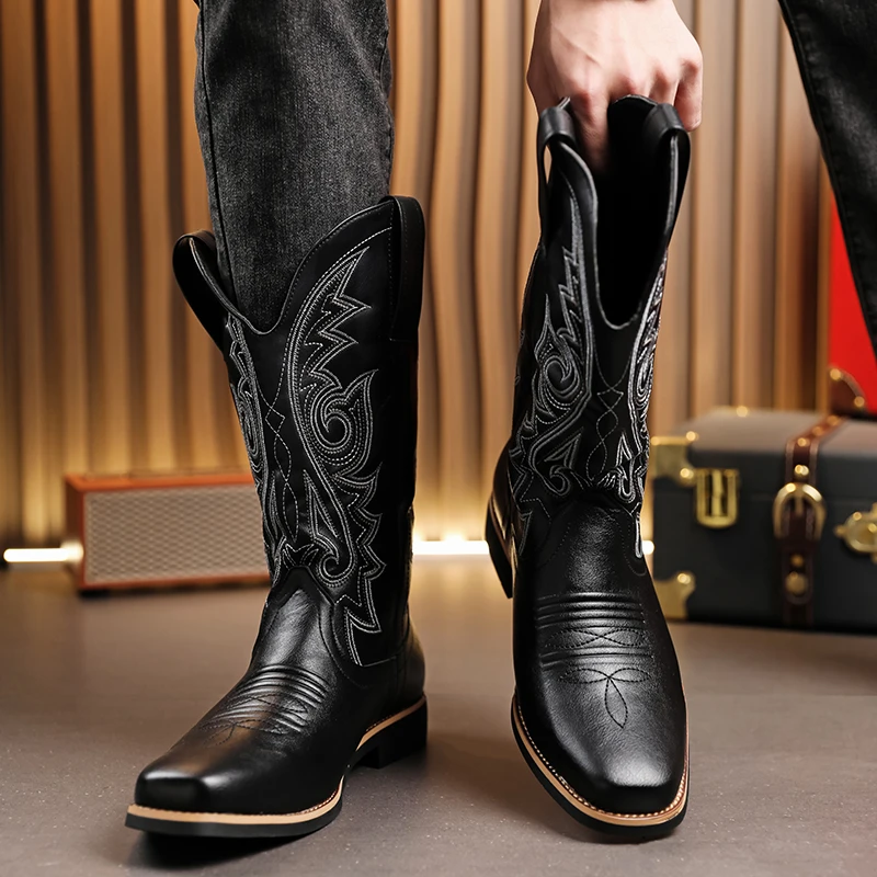 

New Men High Top Western Cowboy Boots PU Low Heel Square Head Knight Boots Long Tube Deep V Embroidered Men Boots