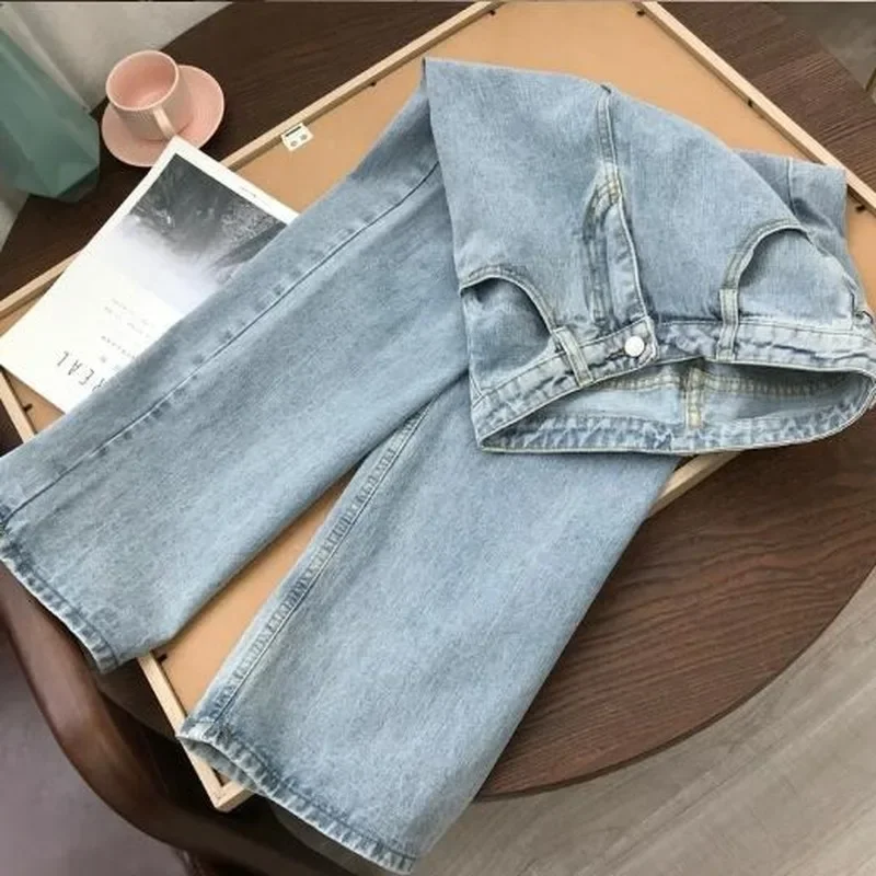 2024 Autumn Light Blue Denim Vintage Casual Loose Wide Leg Pants Women Korean Straight Long Pants Trousers High Waist with Belt