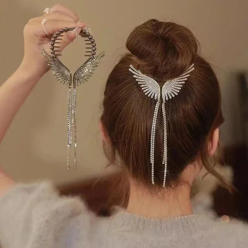 Delicate Angel Wings Ponytail Clasp Pearl Rhinestone Tassel Hair Clips Korea Elegant Shark Clip Girls Sweet Hair Accessories