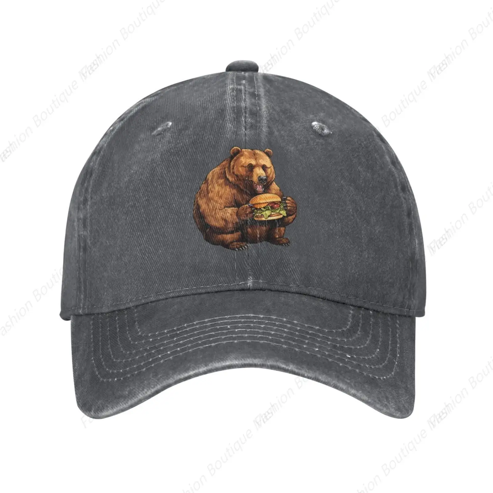 

Hot-selling Cute Bear Eating Burger Stylish Washed Denim Baseball Cap men women Adjustable Unisex Dad Hat