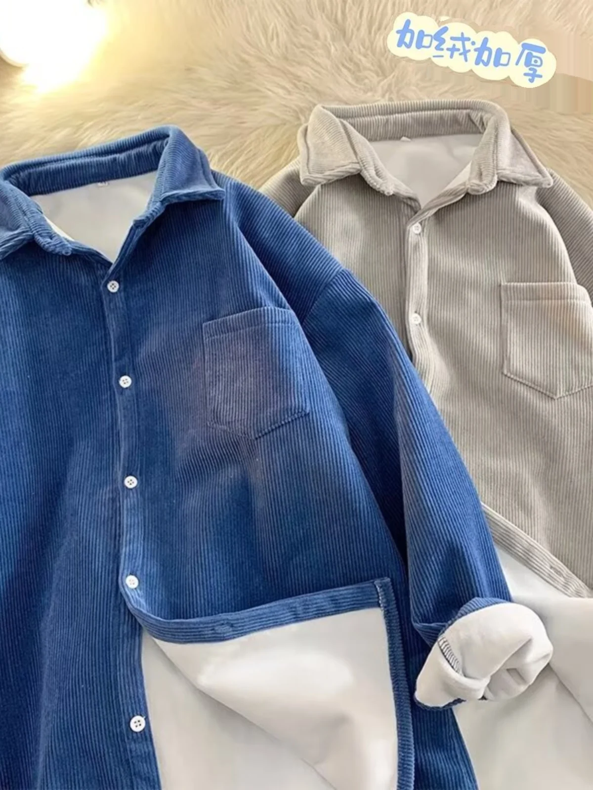 

Men's Autumn Winter Thiened Long Sve irt Corduroy Warmth Faion Brand Loose Fit Youthful Sle Button down Coat