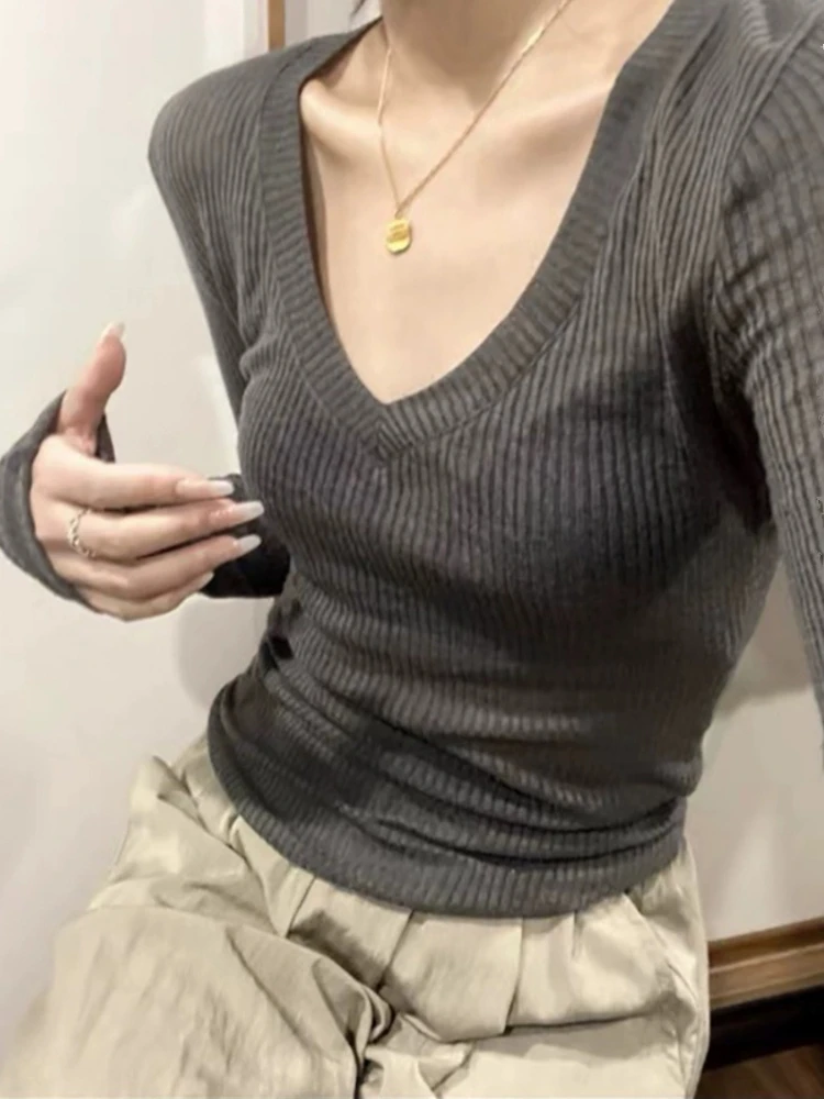 2026 Spring Summer Knitted Long Sleeve Women T-shirt Hot Girl Sexy V Neck Stretchy Slim Figure Flattering Tee Basic Inner Top view 3