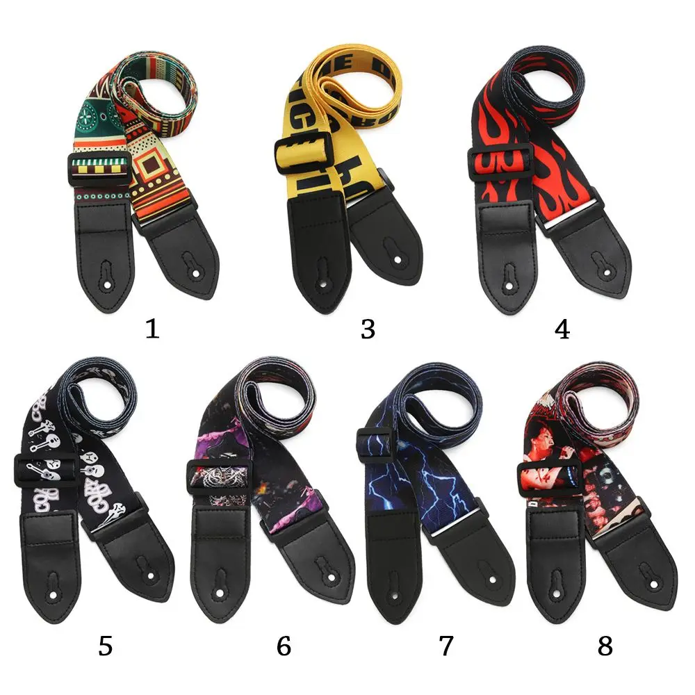 Nylon Guitar Strap for Acoustic Electric Guitar and Bass Multi-Color Guitar Belt PU Leather Ends Adjustable Colorful Printing