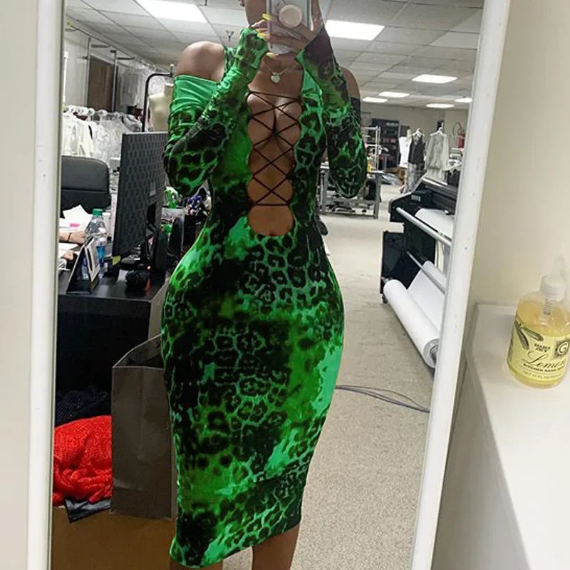 

2023 New Multicolor Night Party Club Evening Wear Sexy Long Sleeve Dress Women Hollow Out Bodycon Bandage Leopard Print Dresses