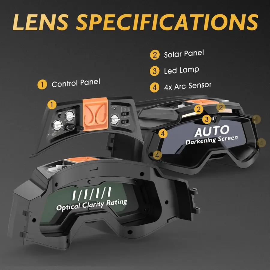 Auto Darkening Welding Goggles 4 Arc Sensor Eye Protection Safety Goggles Welding Glasses with amp for MIG TIG Stick
