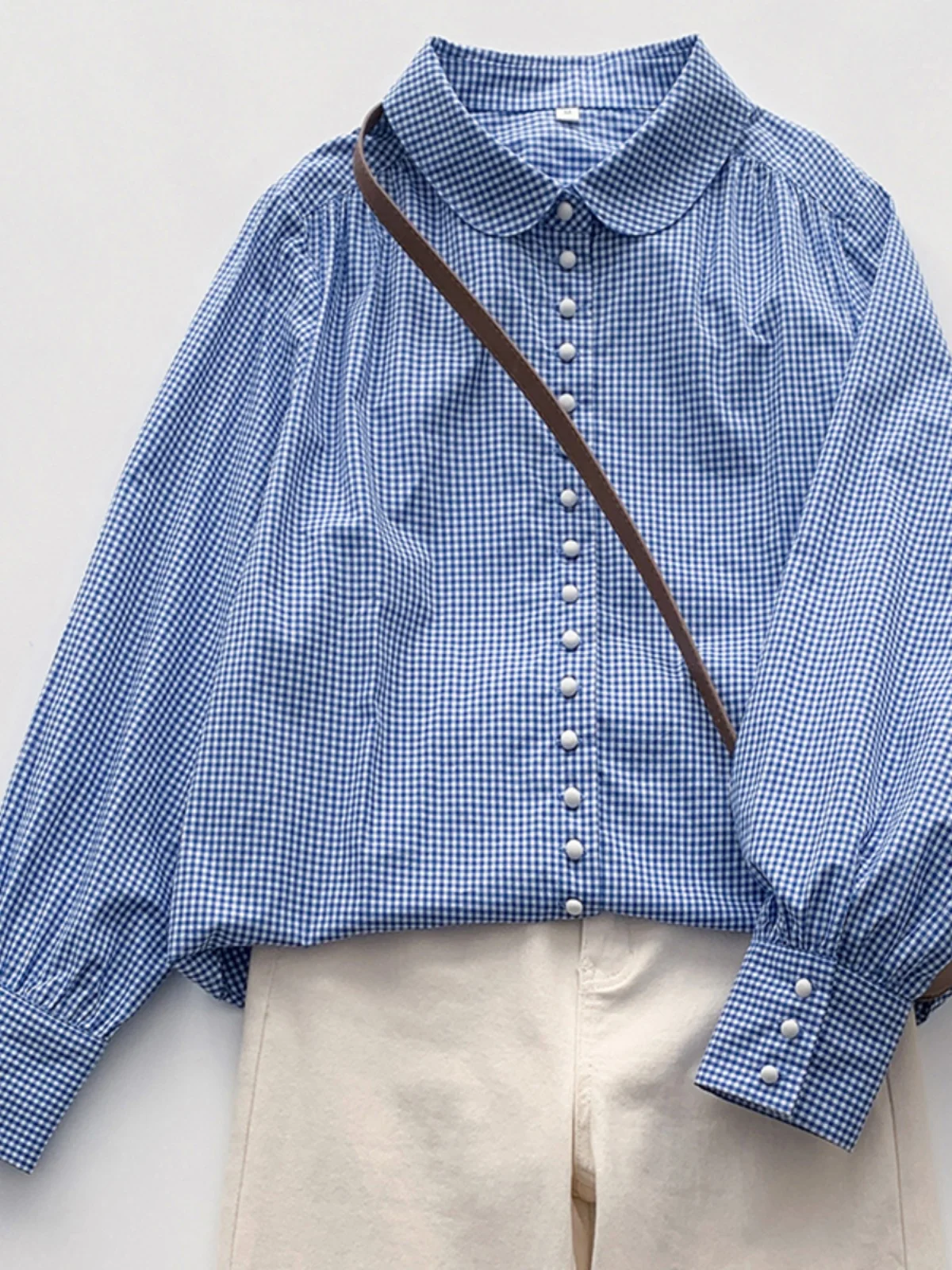 Retro japanisches blau-weiß kariertes lockeres langes Sve Damen irt Peter Pan Kragen künstlerisches Sle Frühling Sommer faionable Top