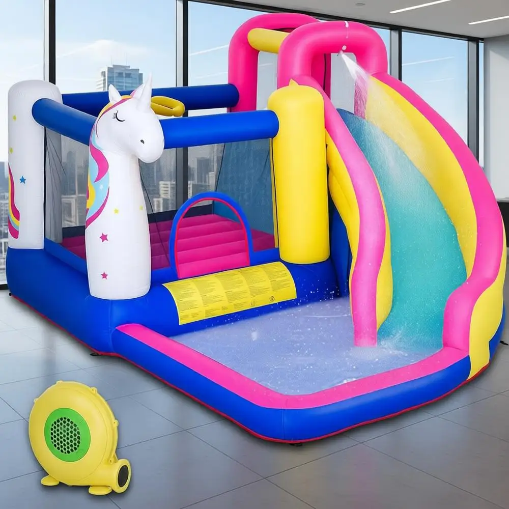 

Надувная горка с тематикой единорога, батутом, скалолазанием, пушкой и бассейном для детей 3-8 лет