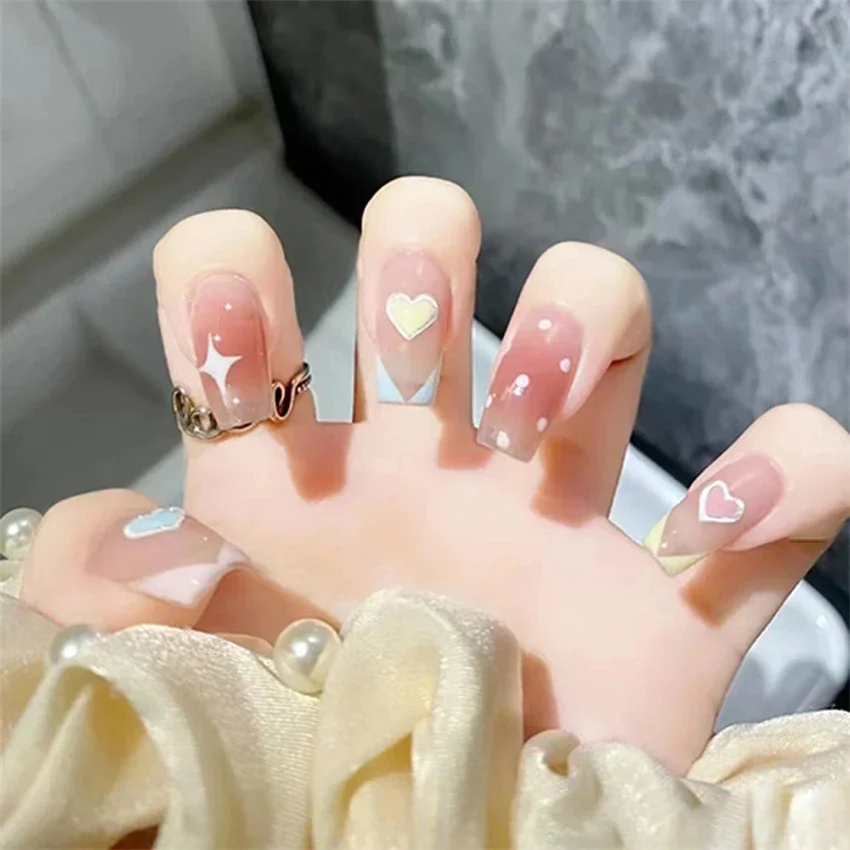 24Pcs/Set Gentle Pure Desire Country Style Press on Nails Full Cover Wearing False Nails French Peach Gradient Fake Nails Tips