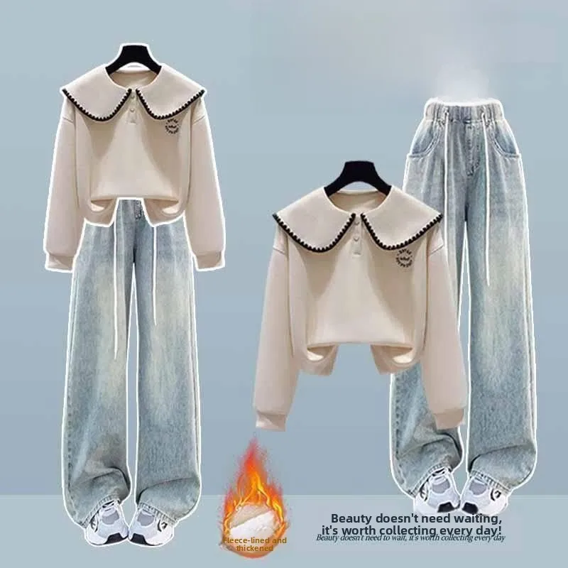 

Thickened Fleece Hoodie Sweatshirt And Wide Leg Jeans Two Piece Set College Style Casual Outfit for Women Winter Season