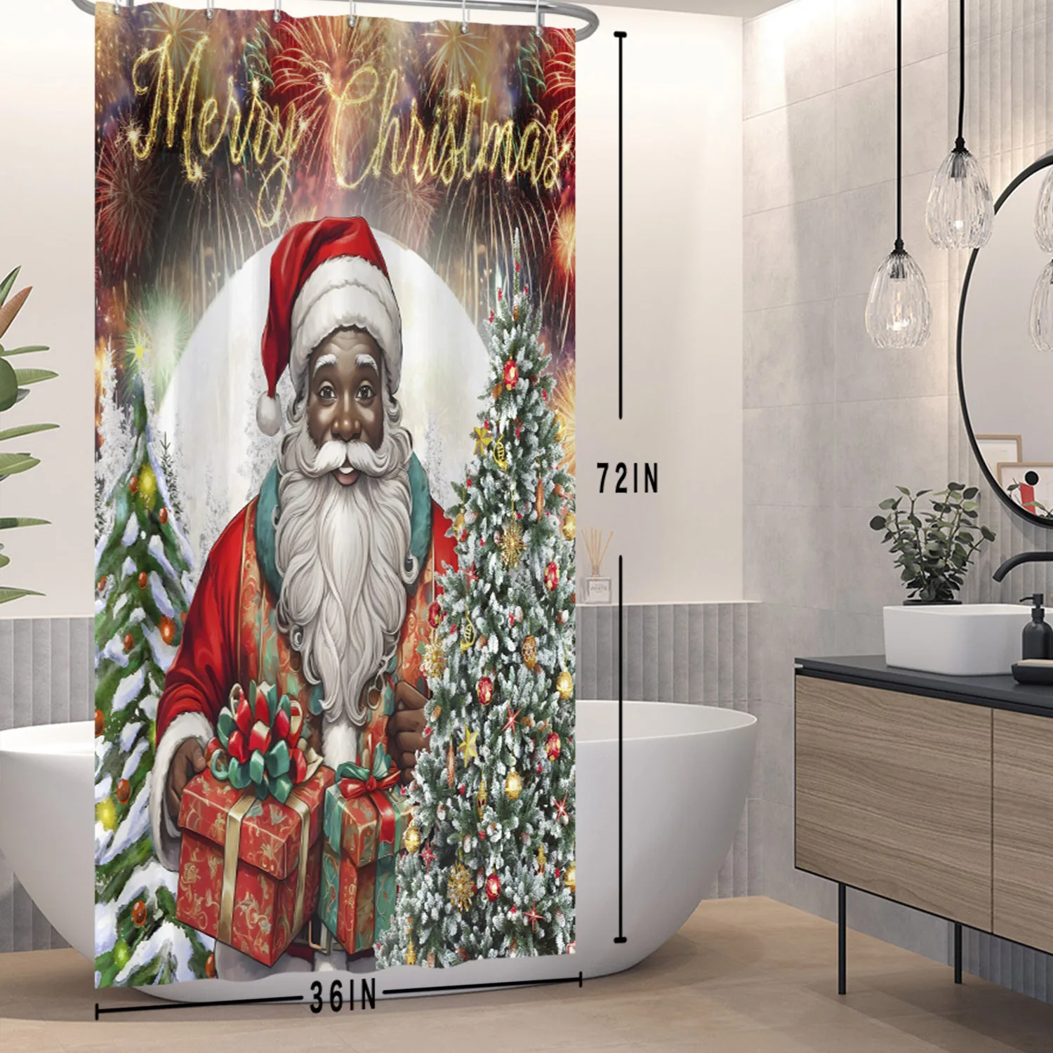 Christmas Scene Shower Curtain Santa Tree Fireplace Gifts Socks Snowman Truck Kids Bathroom Bath Decor Waterproof with Hooks