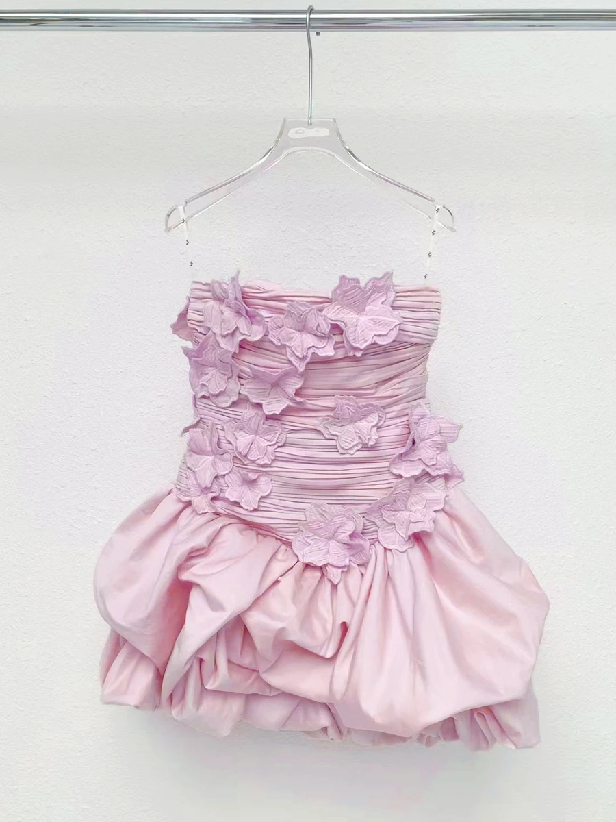 VGH Solidne łączone aplikacje Mini sukienki dla kobiet bez ramiączek bez rękawów bez pleców z wysokim stanem Temperament składana sukienka damska nowość