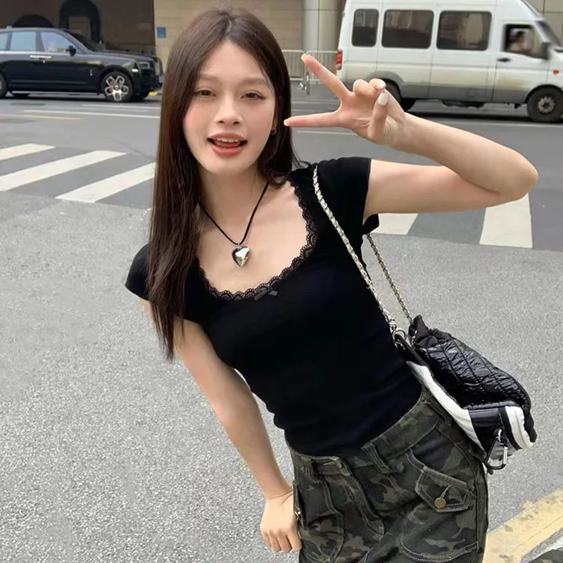 Y2k Lace Patchwork Crop T-shirt Women Vintage Streetwear Sexy Slim U Neck Tops Female Harajuku Korean Bow Chic Bottoming Tees image 3