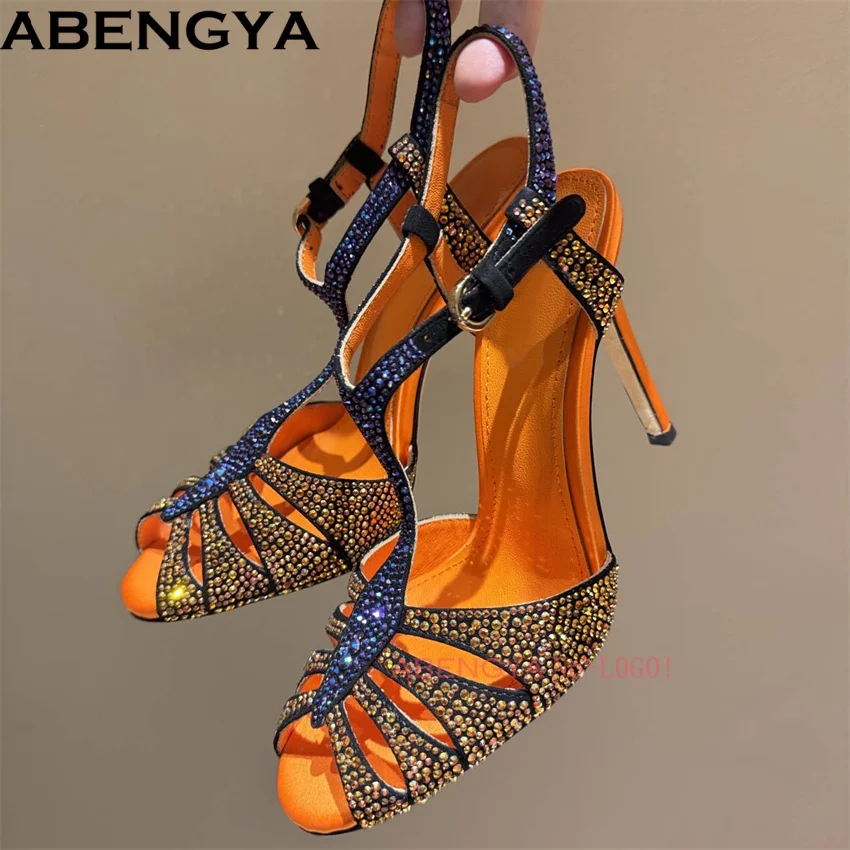 Glitter Crystal High Heels Sandals Women Real Leather Party Shoes For Woman Ankle Strap Women's Modern Sandalias Mujer 2026