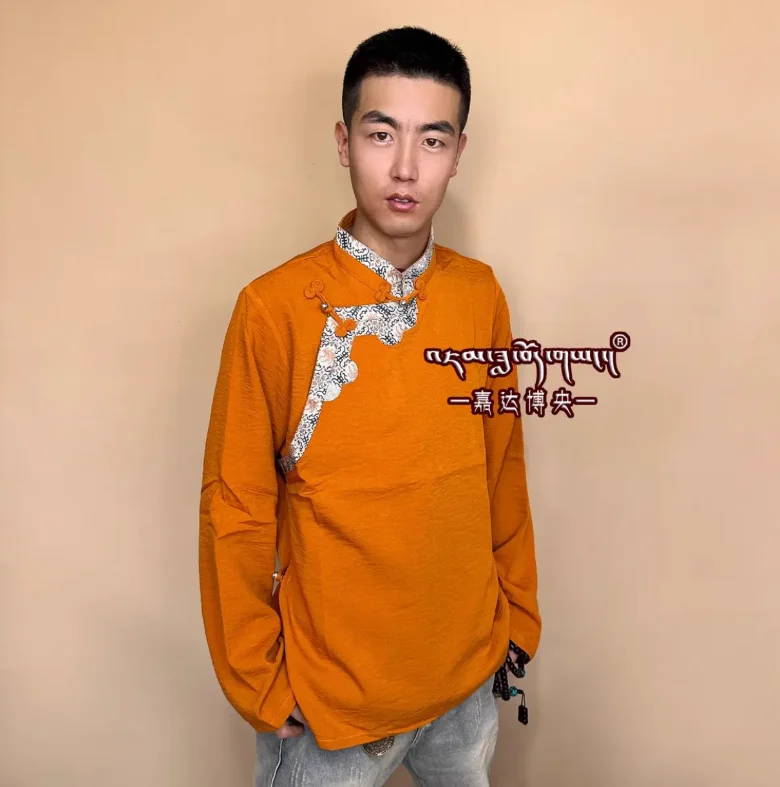 

China Xizang Men's Standing Collar Shirt Vintage Style Tibetan Robe With Shirt