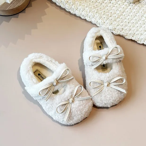 2026 New Kids Shoes Winter Toddler Girls Fashion Princess Mary Jane Party Dress Flats Ballets Children Brand Warm Fur Bowtie