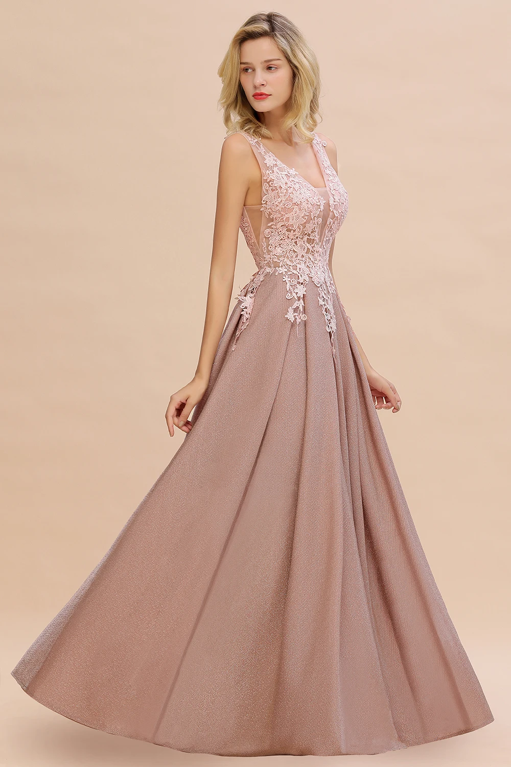 STEPHANIE Lace Appliques Long Bridesmaid Dresses for Women Party Elegant Dusty Pink V-neck A-Line Maxi Floor Length Gown Evening