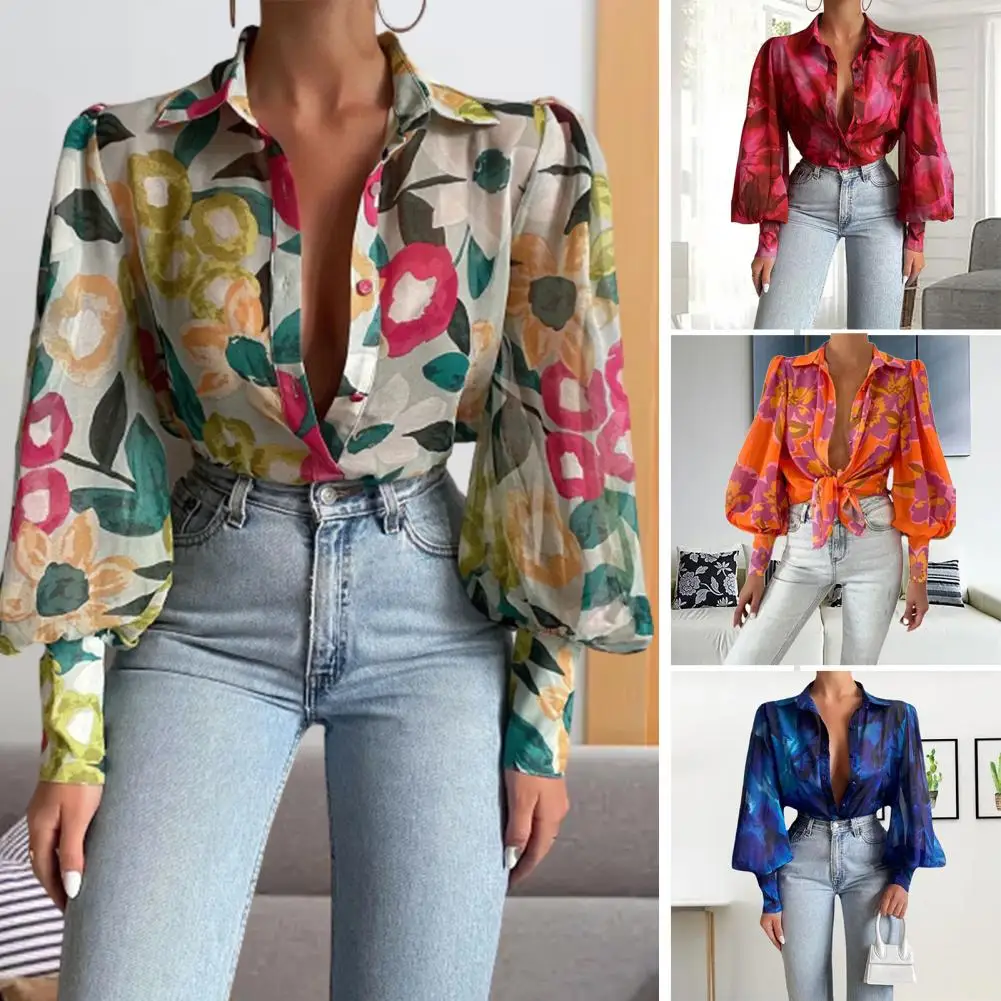 

New Fashion Printing Single Breasted Ladies Silk Shirts 2022 Spring Summer Women's Blouses Long lantern sleeve female tops