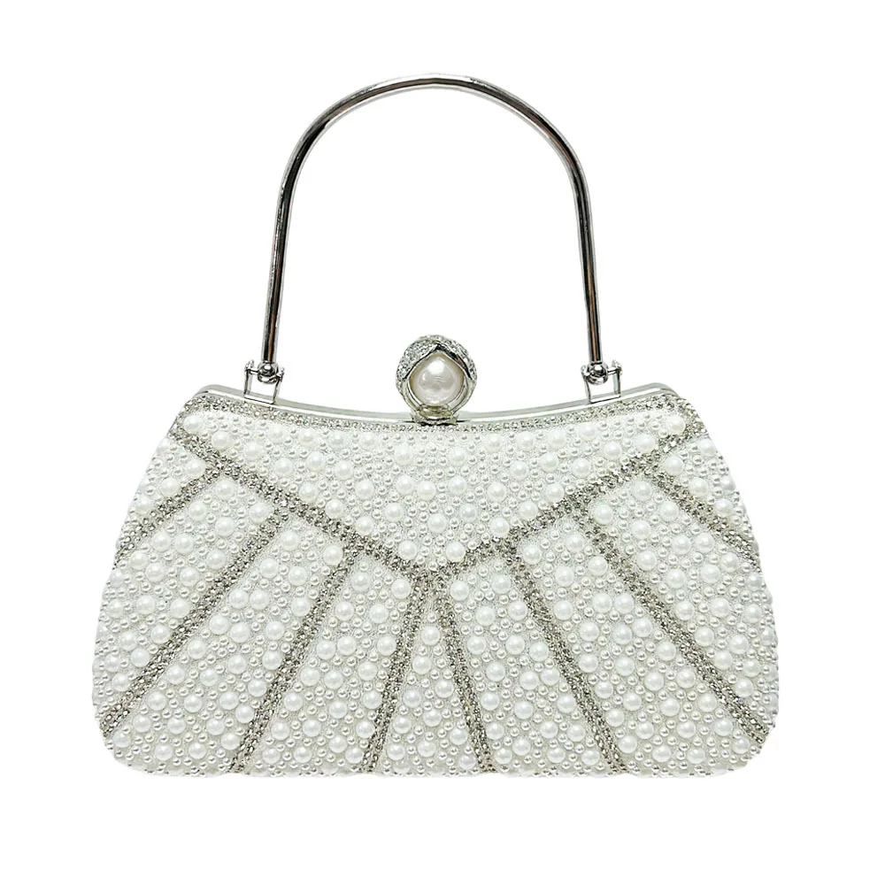White Pearl Fan Pattern Handheld Clutch Bag Silver Metal Handle Crystal Beaded Evening Purse Elegant Formal Wedding Bag Ladies