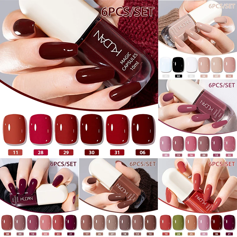 6pcs 10ml Peel Off Water-Based Nail Polish Set Red Pink Nude Brown Odorless Fast-Drying Long-Lasting Nail Polish No Need Lamp