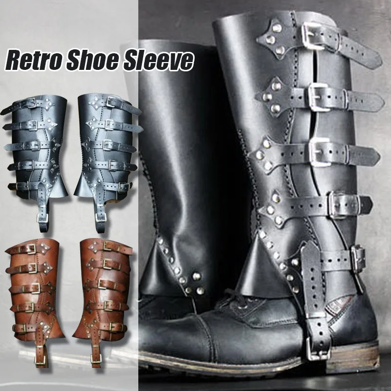 

Renaissance Medieval Viking Warrior Knight Leather Leg Armor Greaves Boots Shoes Cover For Men Women Larp Cosplay Costume Gaiter