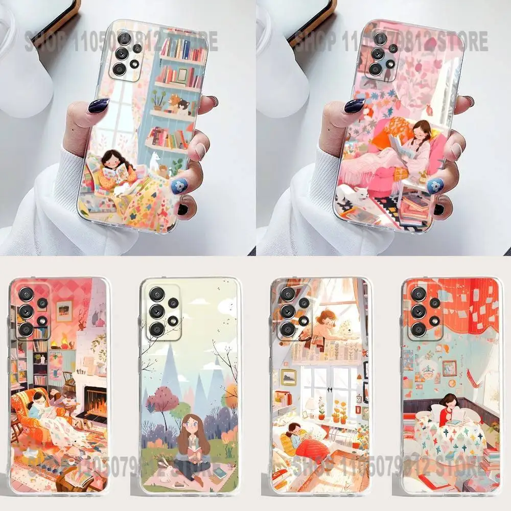 

Cozy Reading Bookshelf Girl Phone Case Silicone For Samsung S30,23,21,22,20 FE lite,S10,9,PIus Note20ultra Soft Transparent