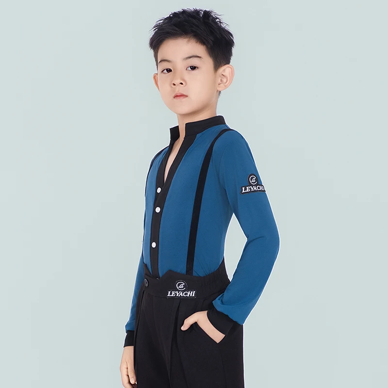 

2025 Winter Latin Dance Costume For Boys Blue Long Sleeve Training Top Latin Rumba Tango Performance Outfit Practice Wear 2896