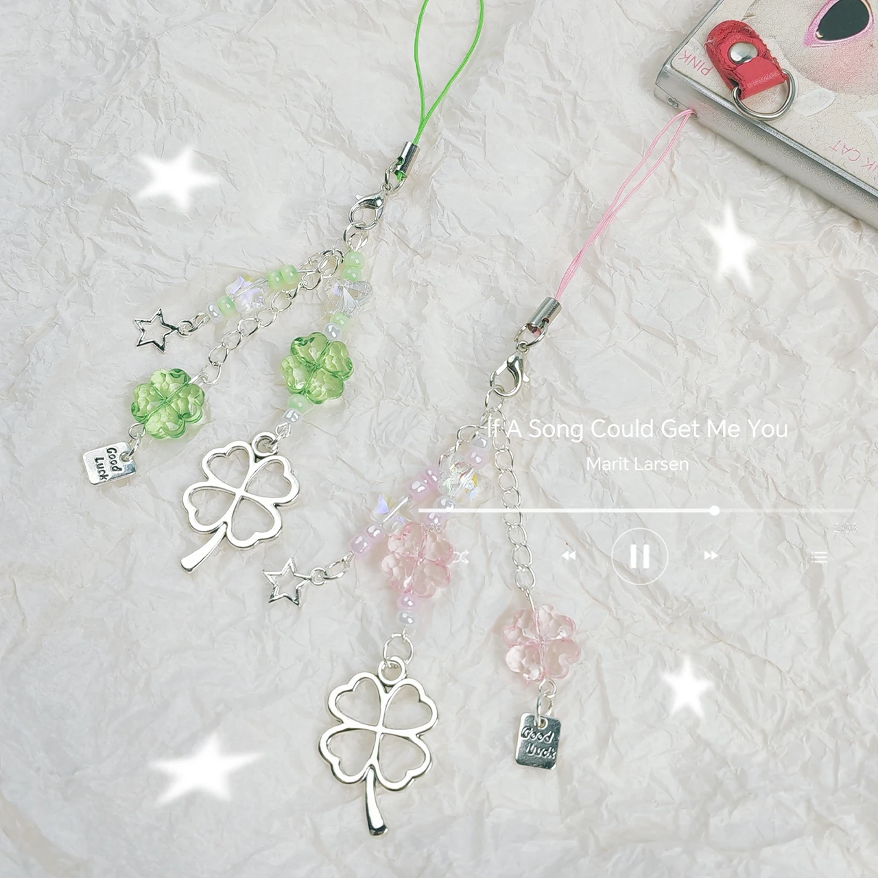 Y2K Lucky Four Leaves Clover Heart Key Ring Green Leaf Star Key Chain Cases for Phone Camera Korean Cute Beaded Couple Keychain